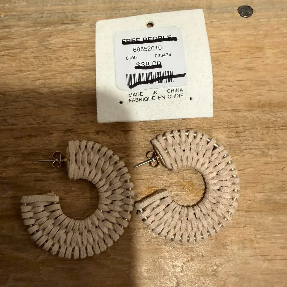 Free People See If I Care Sueded Leather Hoops  in Ivory NWT